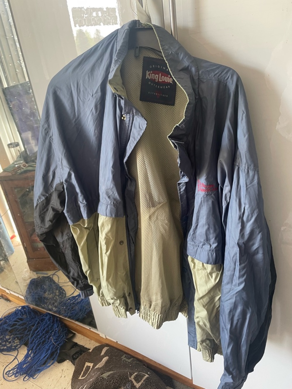 King Louie Two-Tone Hooded Windbreaker Jacket in Blue and Olive